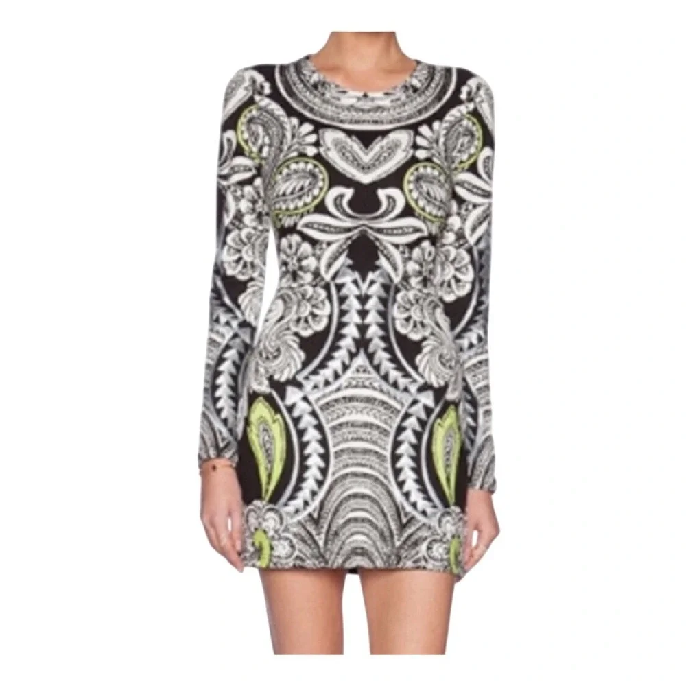 MINKPINK Black White Lime Green Paisley Print Long Sleeve Mini Dress‎ Size S